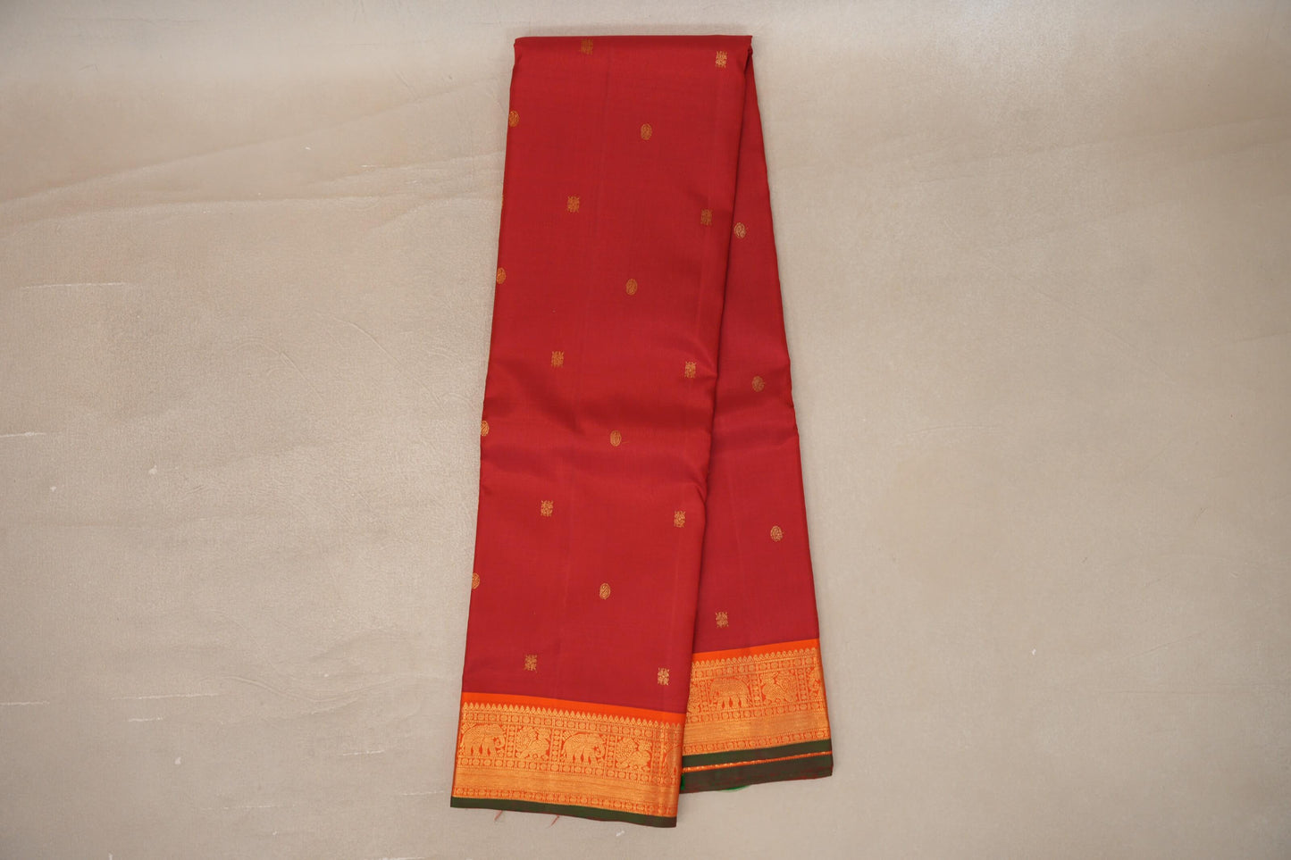 Online Dark Red with Orange with Green Selvedge Borders Vintage Kanjivaram Silk Saree
