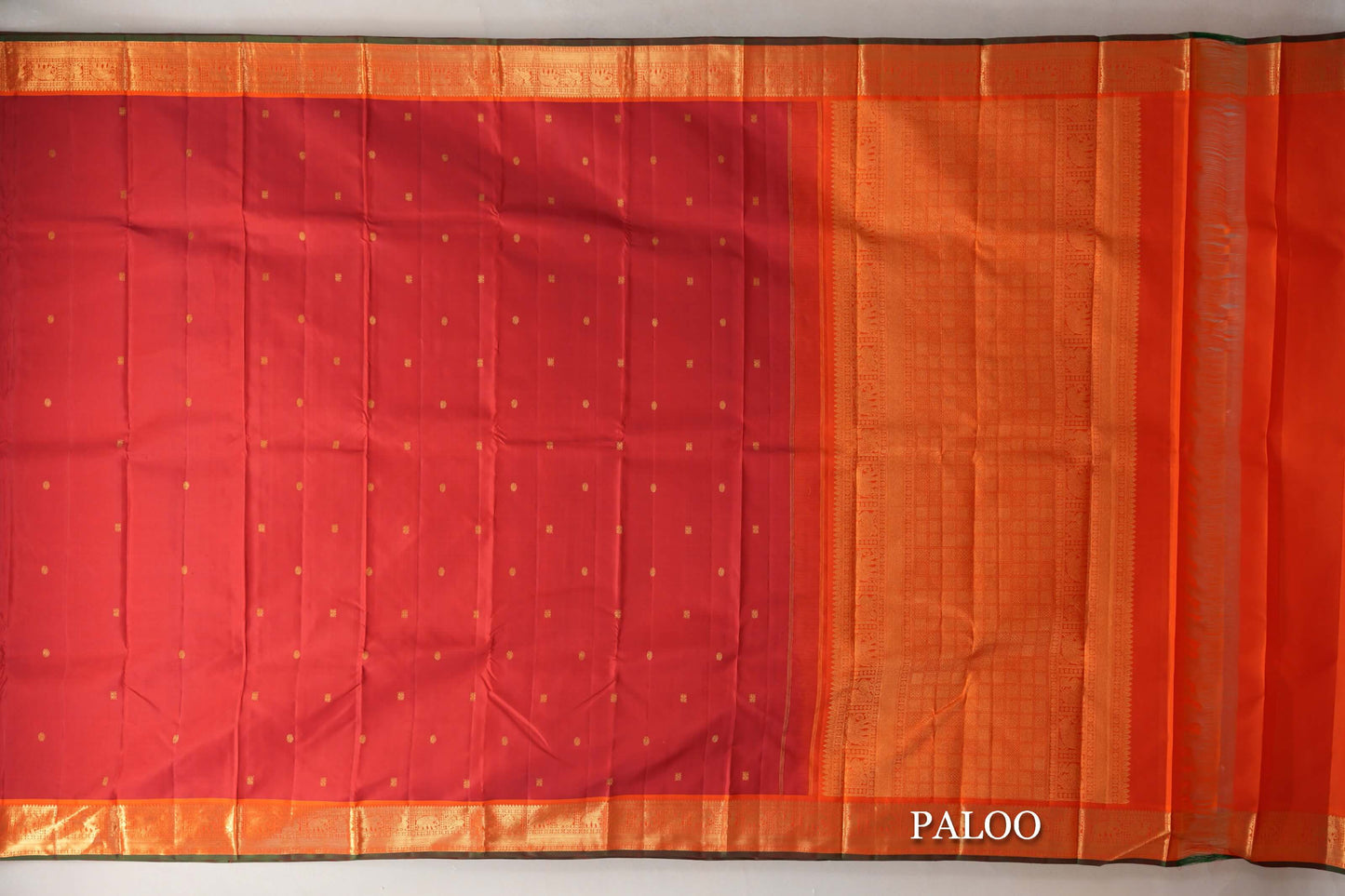 Dark Red with Orange with Green Selvedge Borders Vintage Kanjivaram Silk Saree paloo