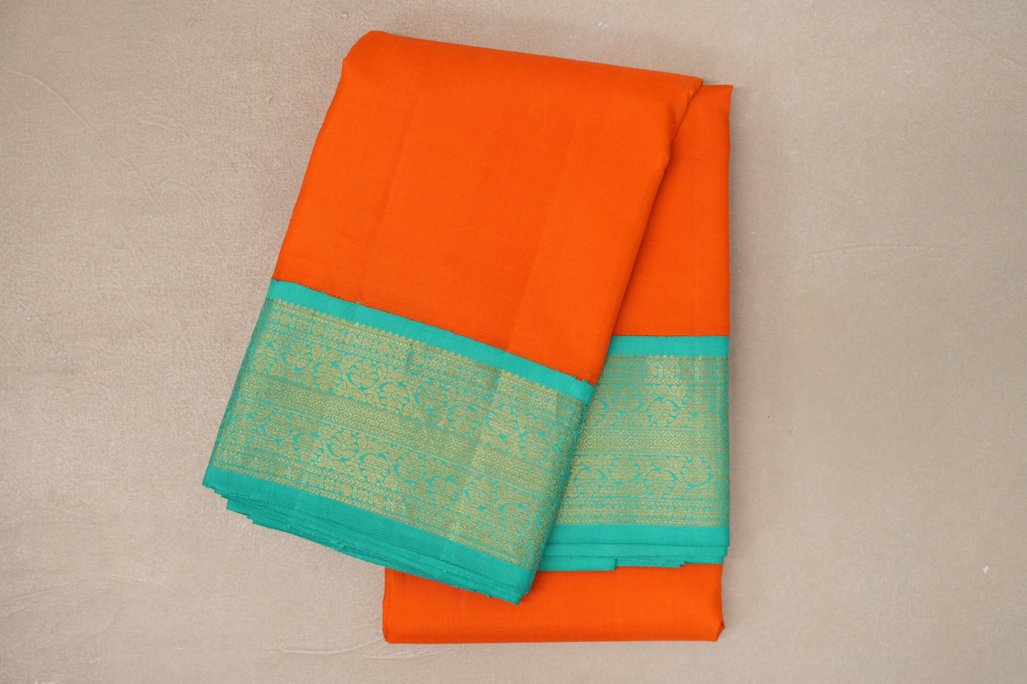 Bright Orange with Sea Green Borders Vintage Kanjivaram Silk Saree