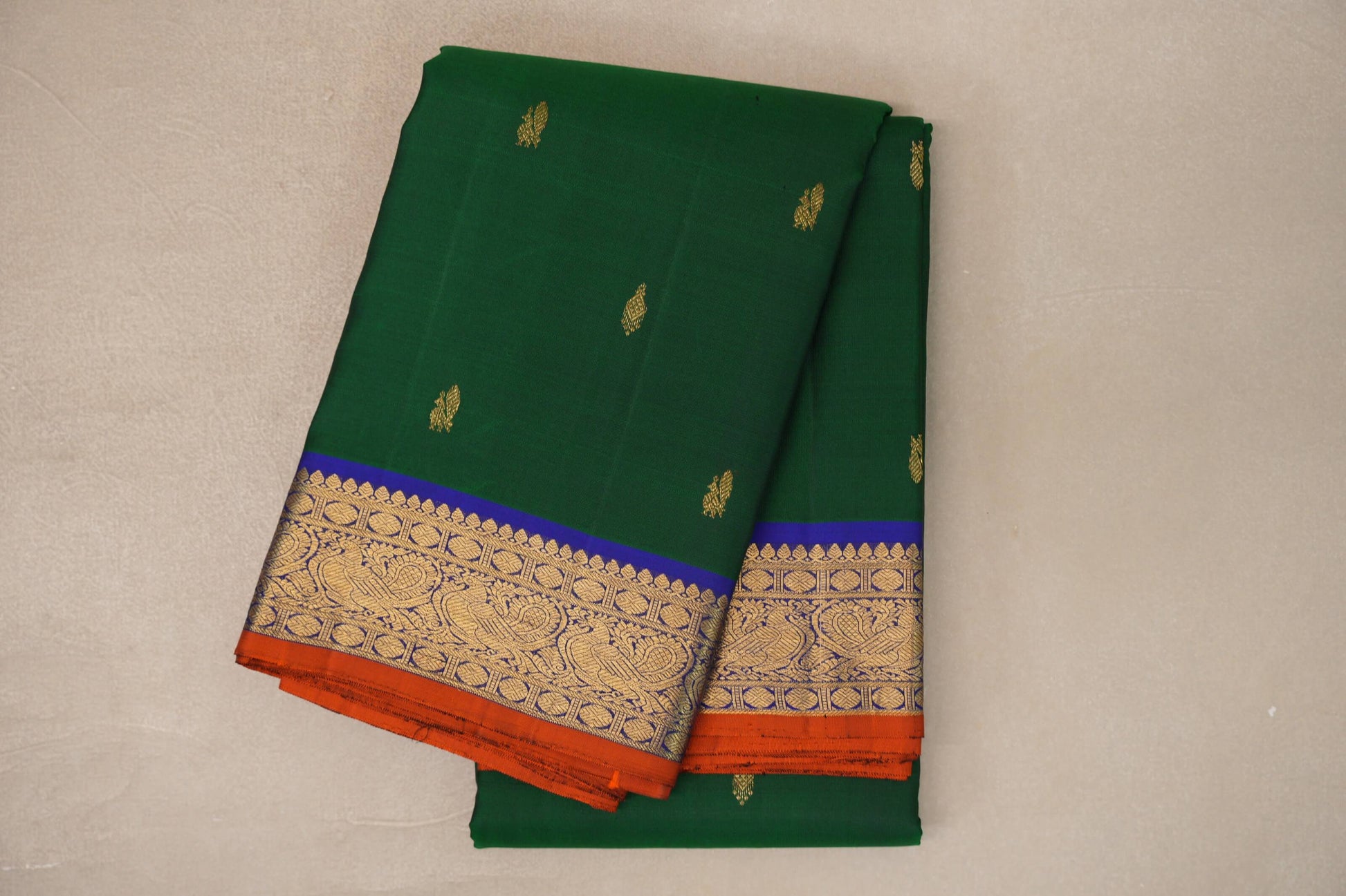 Deep Green with Blue with Rust Selvedge Borders Vintage Kanjivaram Silk Saree