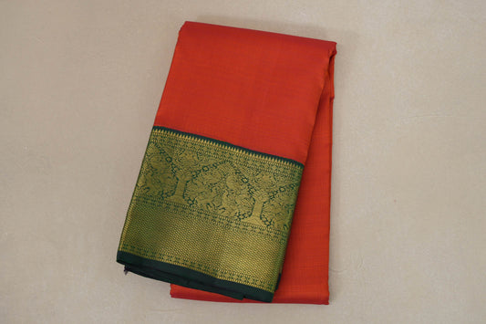 Orangish Red with Bottle Green Borders Vintage Kanjivaram Silk Saree SS8708