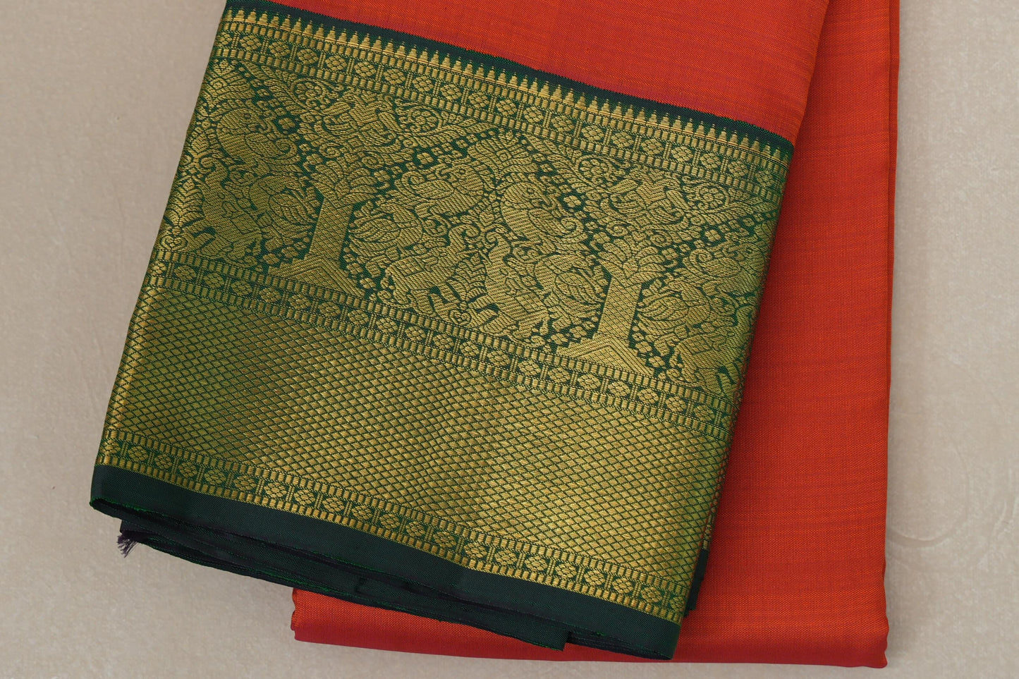 Orangish Red with Bottle Green Borders Vintage Kanjivaram Silk Saree SS8708