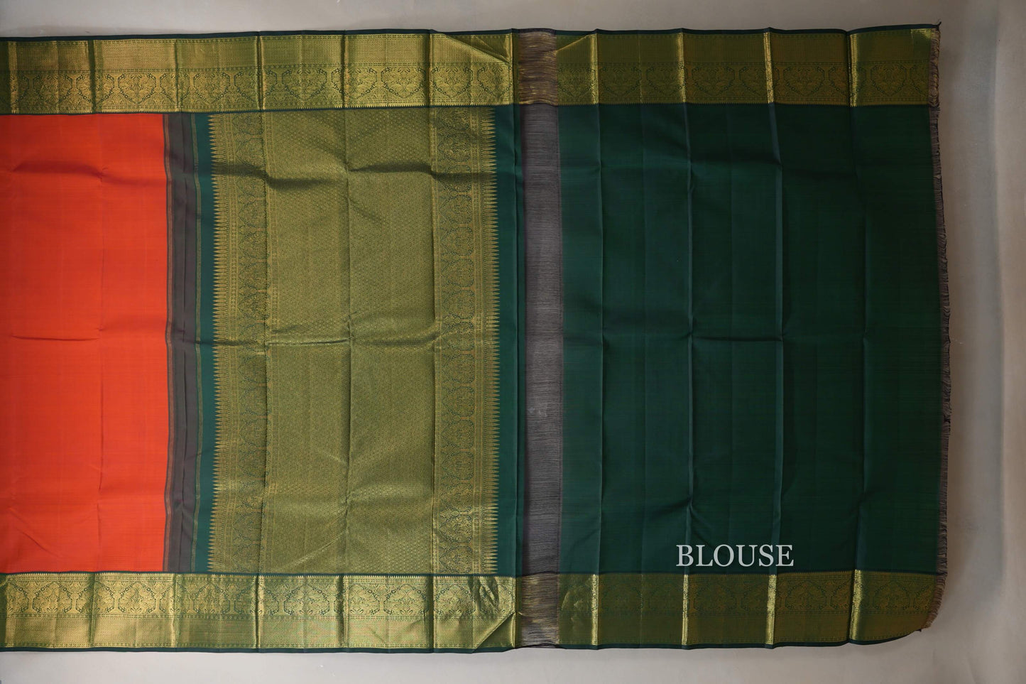 Orangish Red with Bottle Green Borders Vintage Kanjivaram Silk Saree SS8708