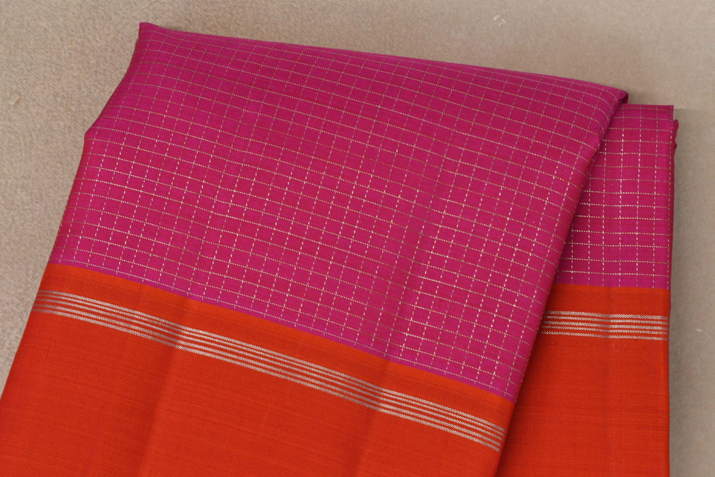 Magenta Zari Checks with Deep Orange Rettai Pettu Borders Vintage Kanjivaram Silk Saree body