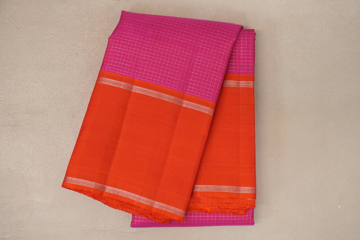 Magenta Zari Checks with Deep Orange Rettai Pettu Borders Vintage Kanjivaram Silk Saree