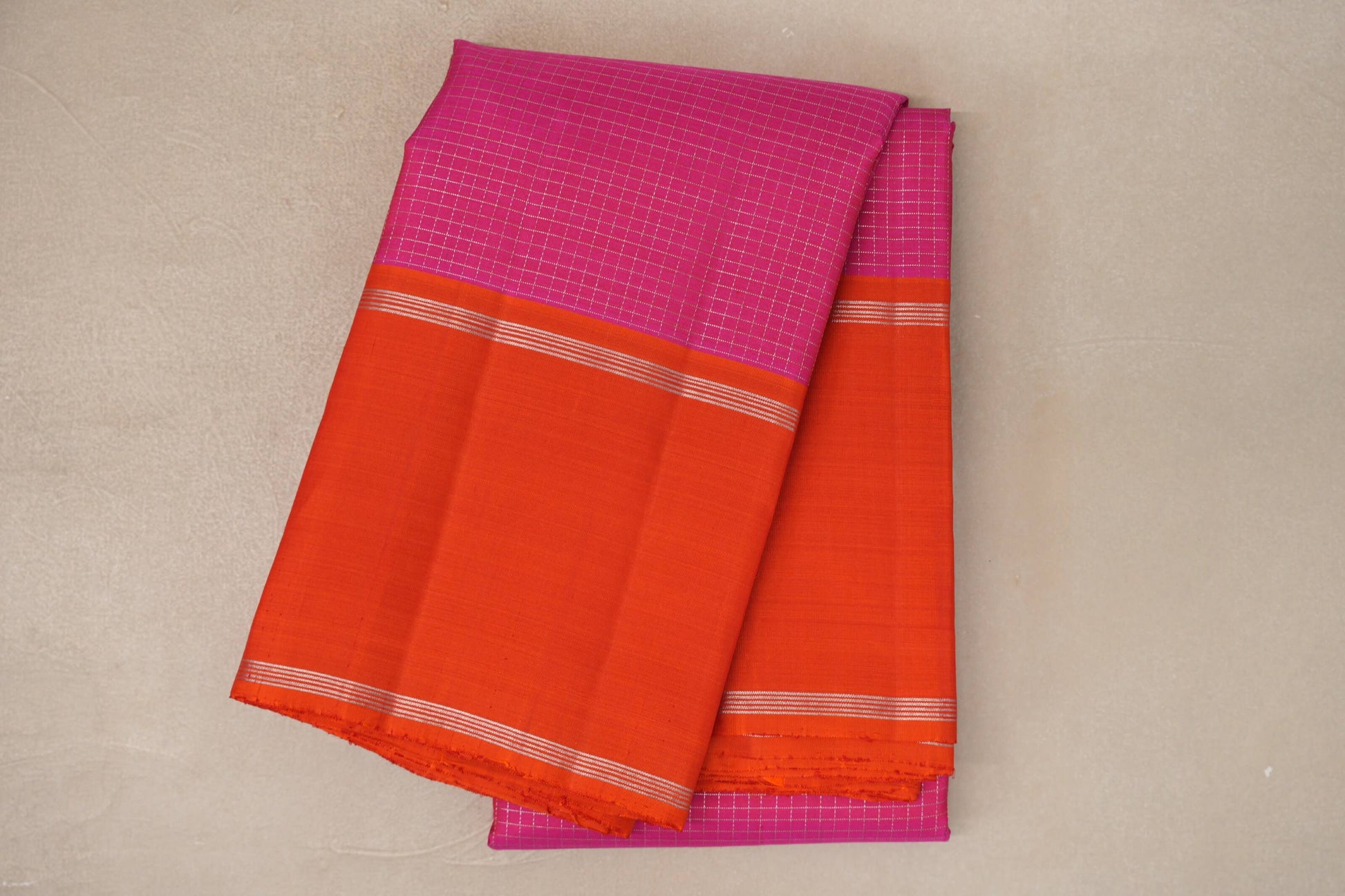 Magenta Zari Checks with Deep Orange Rettai Pettu Borders Vintage Kanjivaram Silk Saree