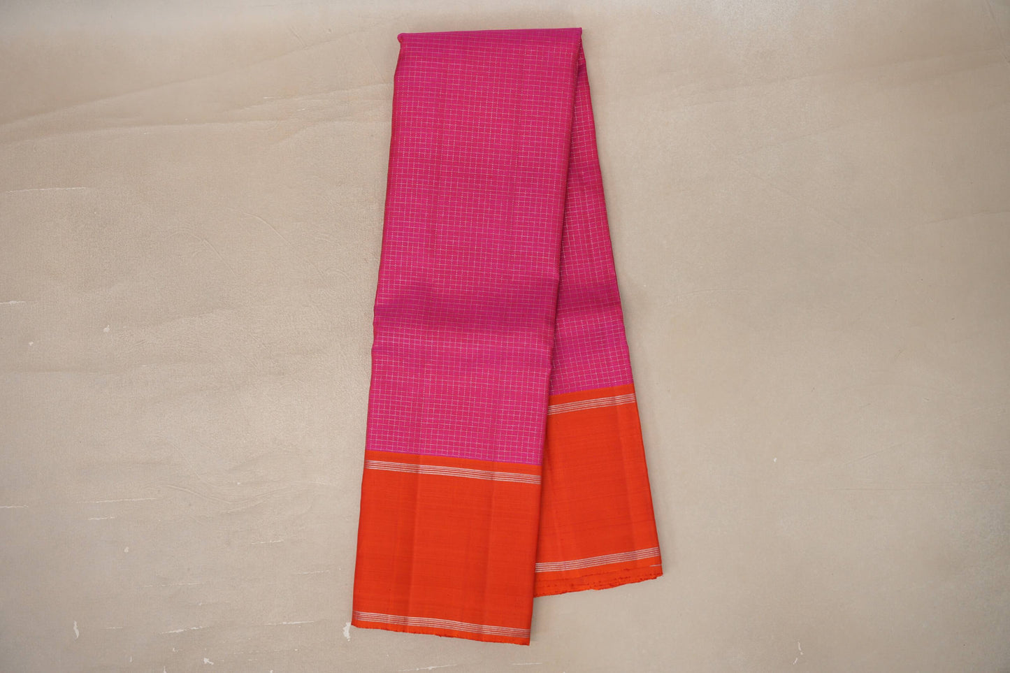 Online Magenta Zari Checks with Deep Orange Rettai Pettu Borders Vintage Kanjivaram Silk Saree