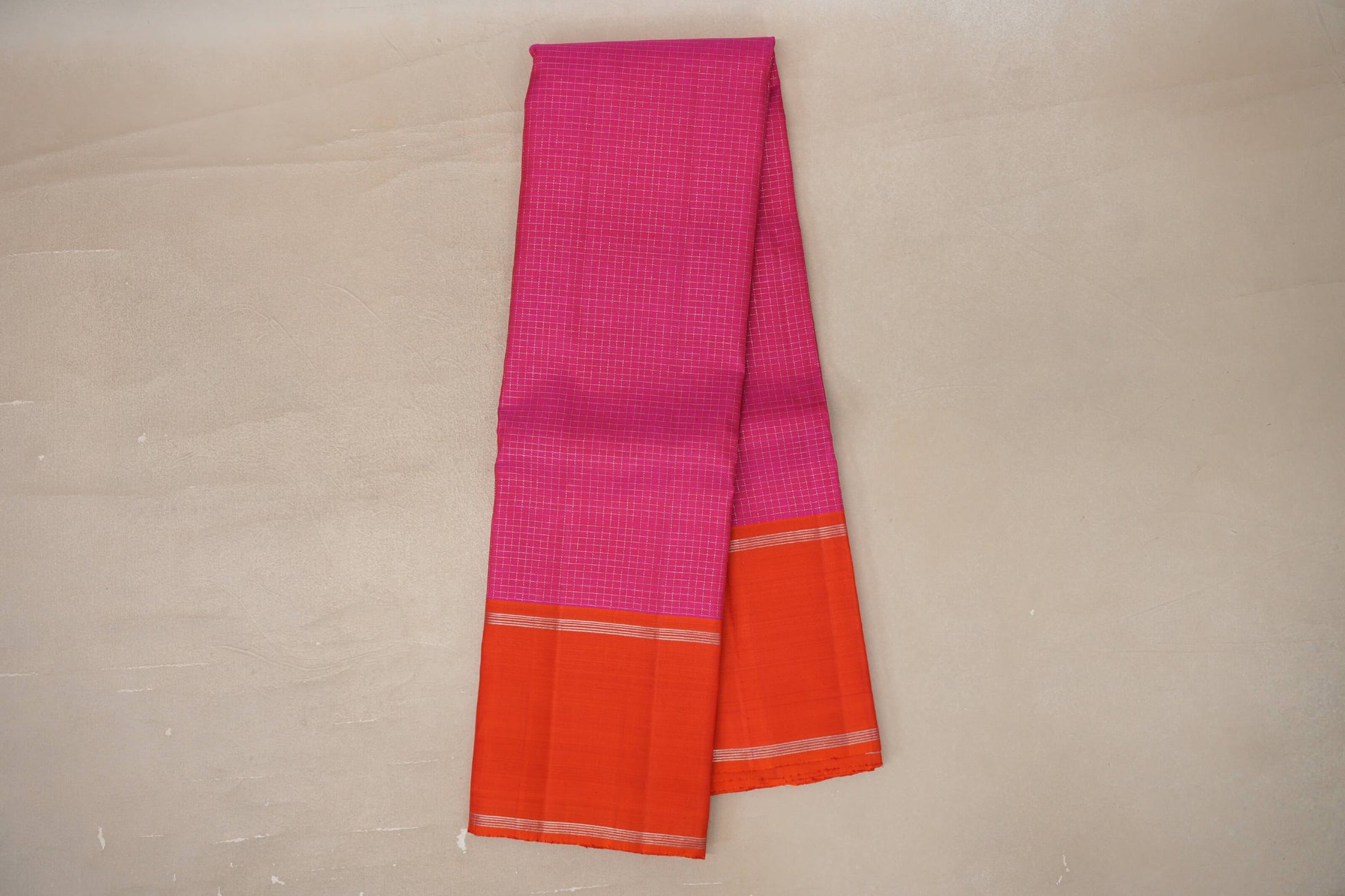 Online Magenta Zari Checks with Deep Orange Rettai Pettu Borders Vintage Kanjivaram Silk Saree