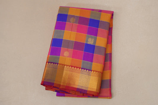 Multi Color Checks with Multi Color Borders Vintage Kanjivaram Silk Saree SS8709