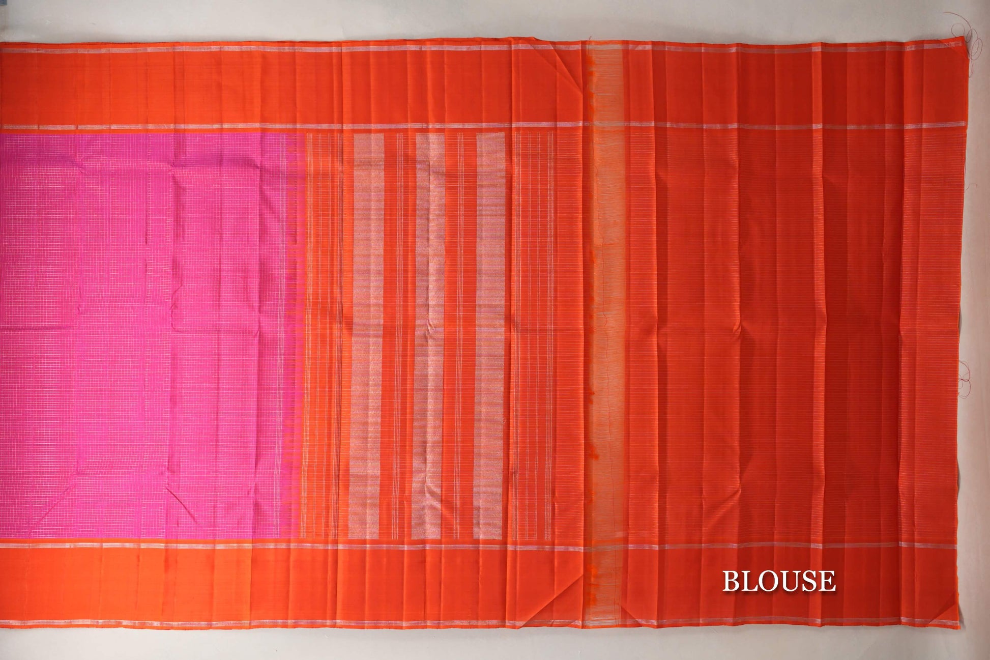 Magenta Zari Checks with Deep Orange Rettai Pettu Borders Vintage Kanjivaram Silk Saree blouse