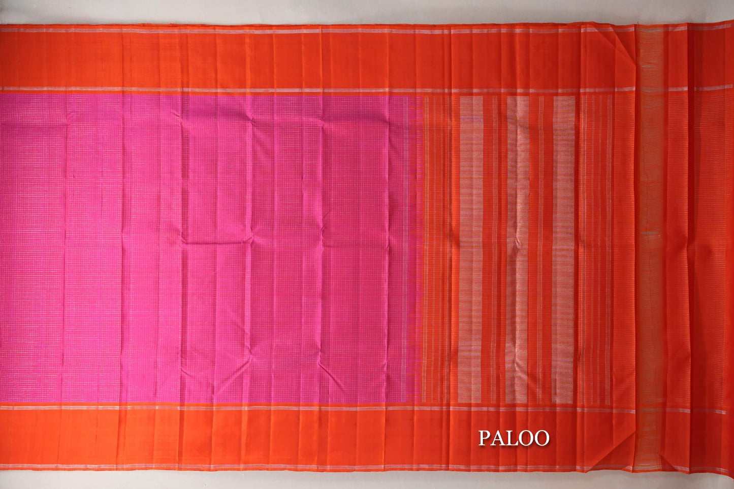 Magenta Zari Checks with Deep Orange Rettai Pettu Borders Vintage Kanjivaram Silk Saree paloo