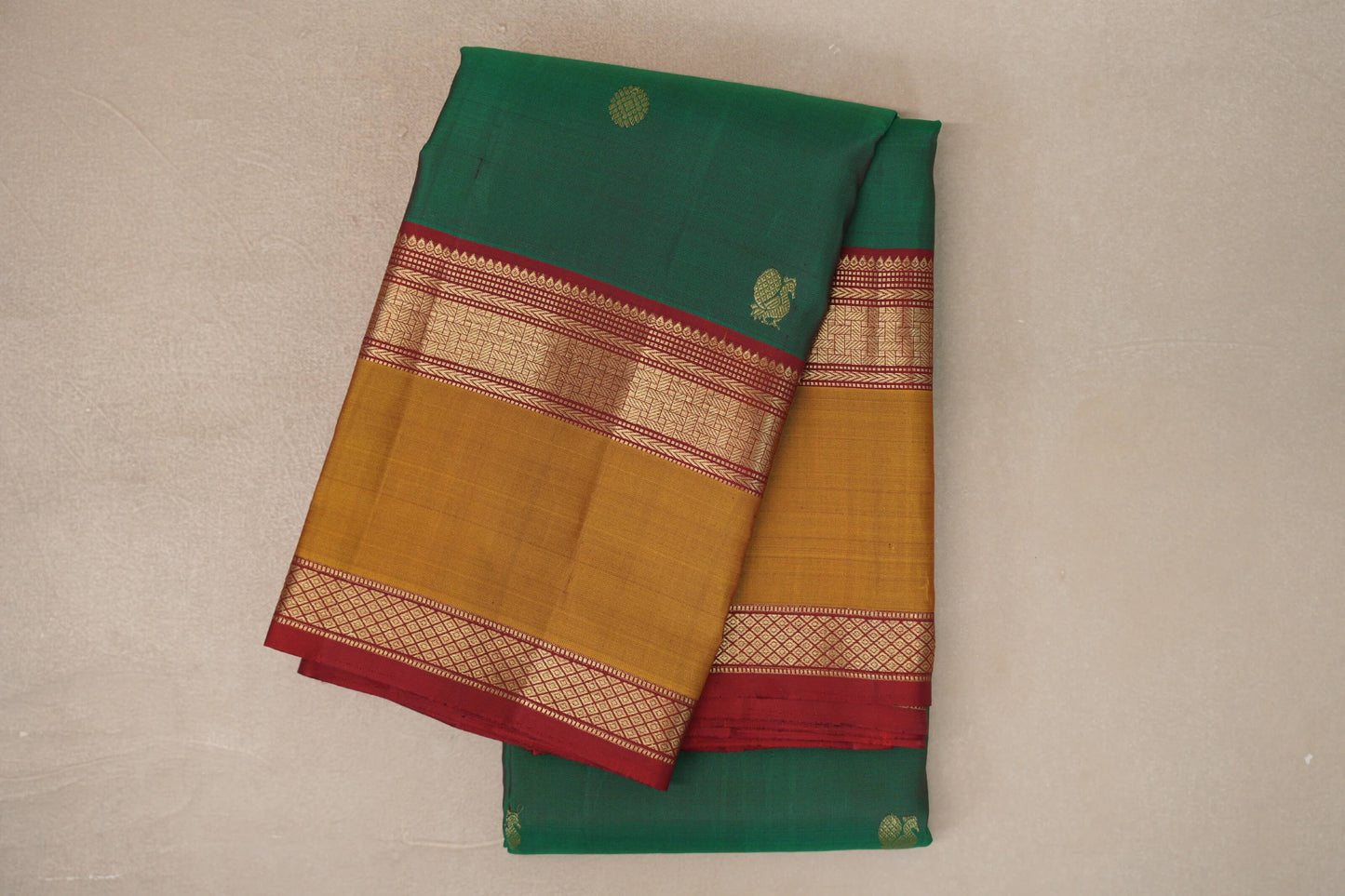 Green and Maroon Dual Tone with Mustard and Maroon Borders Vintage Kanjivaram Silk Saree