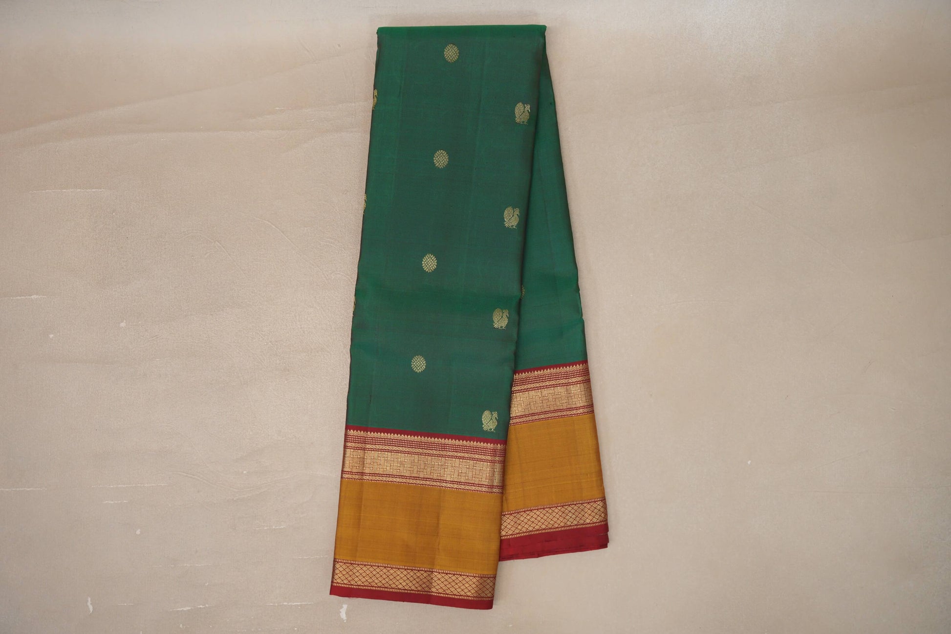 Online Green and Maroon Dual Tone with Mustard and Maroon Borders Vintage Kanjivaram Silk Saree