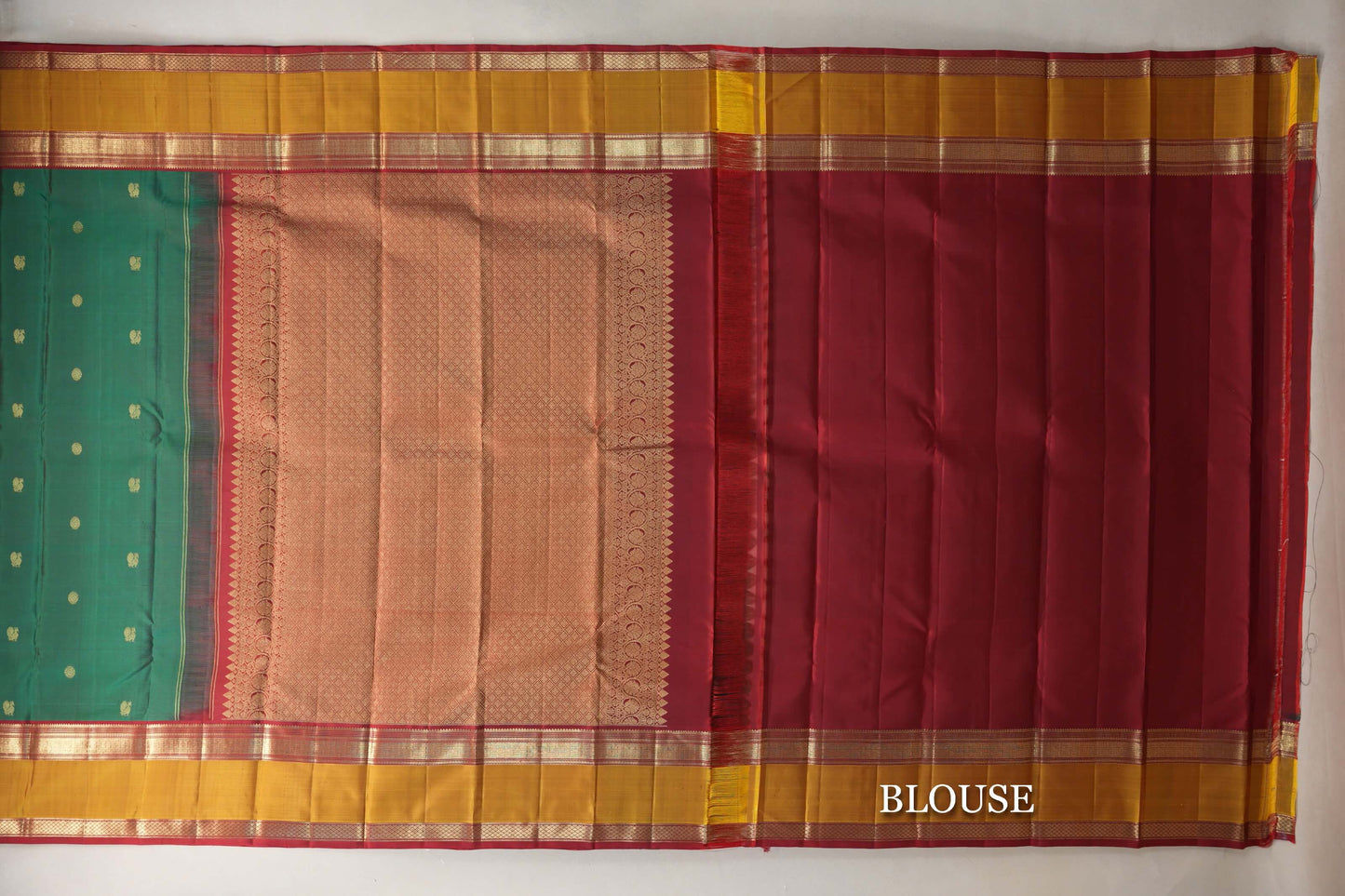 Green and Maroon Dual Tone with Mustard and Maroon Borders Vintage Kanjivaram Silk Saree blouse