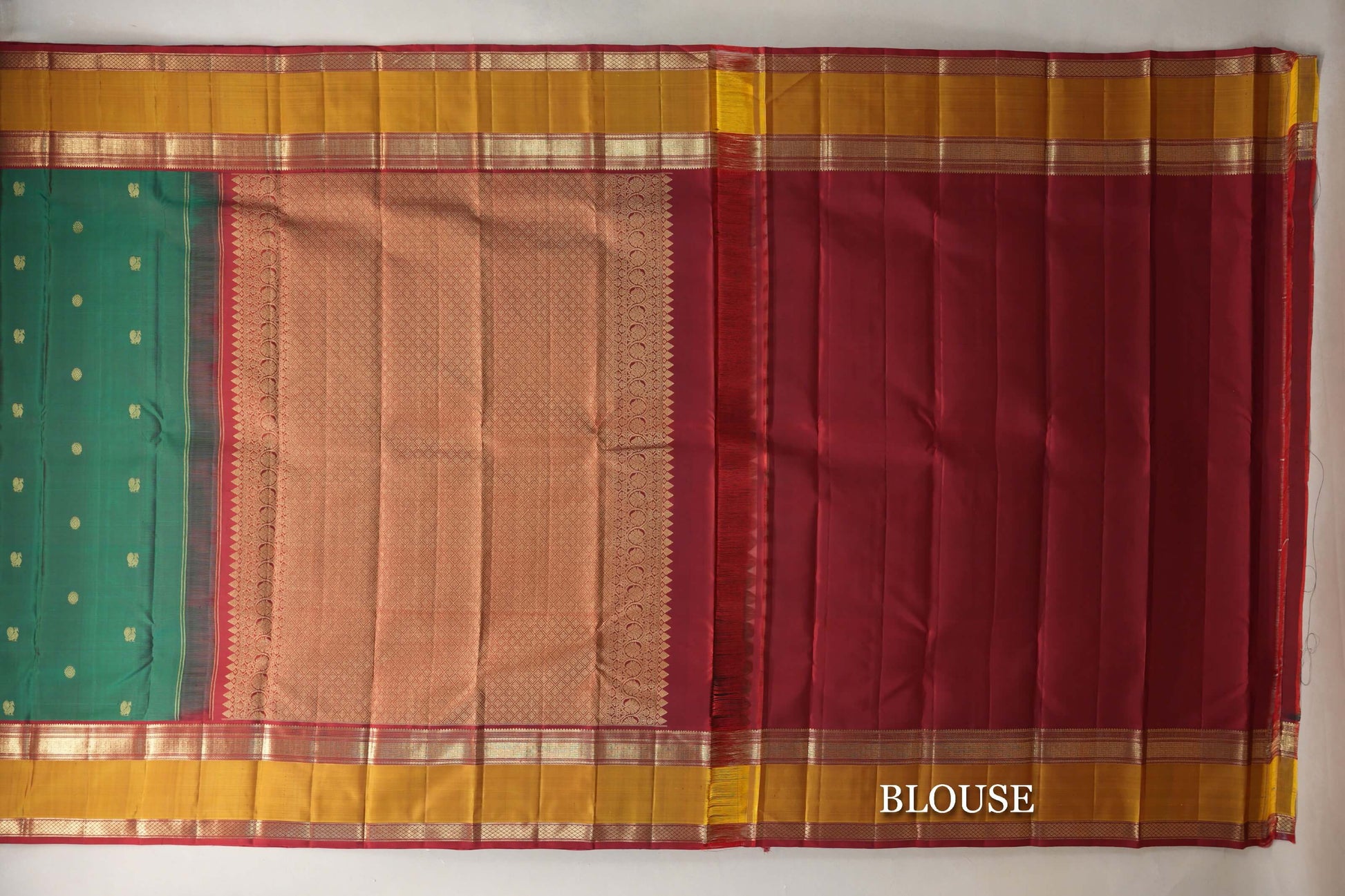 Green and Maroon Dual Tone with Mustard and Maroon Borders Vintage Kanjivaram Silk Saree blouse