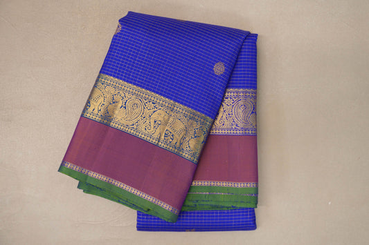 Royal Blue Zari Checked with Orange And Blue with Green Selvedge Borders Vintage Kanjivaram Silk Saree