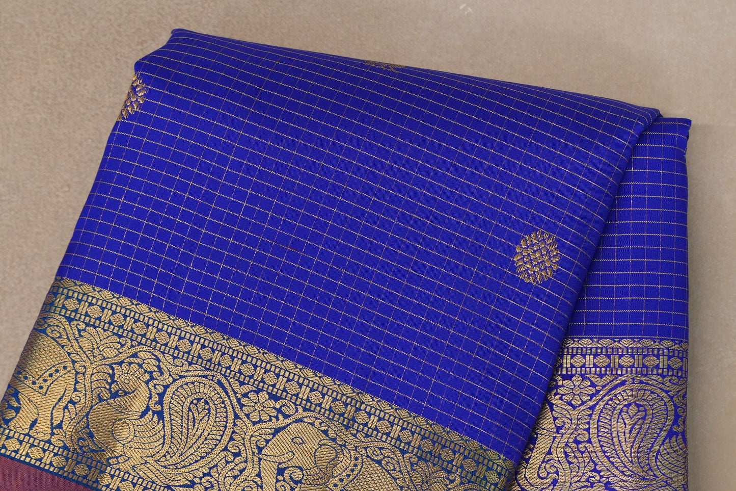 Royal Blue Zari Checked with Orange And Blue with Green Selvedge Borders Vintage Kanjivaram Silk Saree body