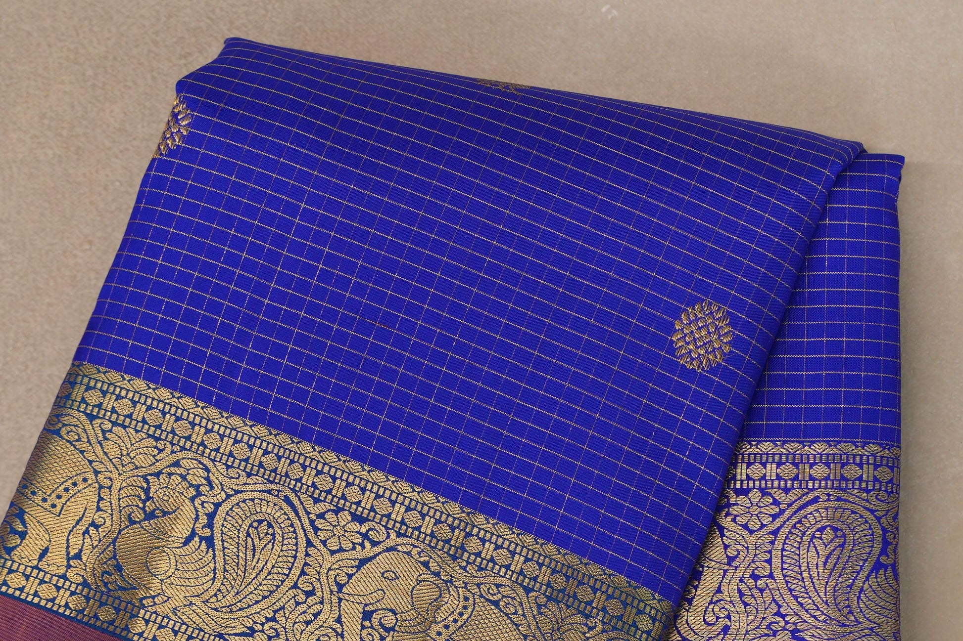 Royal Blue Zari Checked with Orange And Blue with Green Selvedge Borders Vintage Kanjivaram Silk Saree body