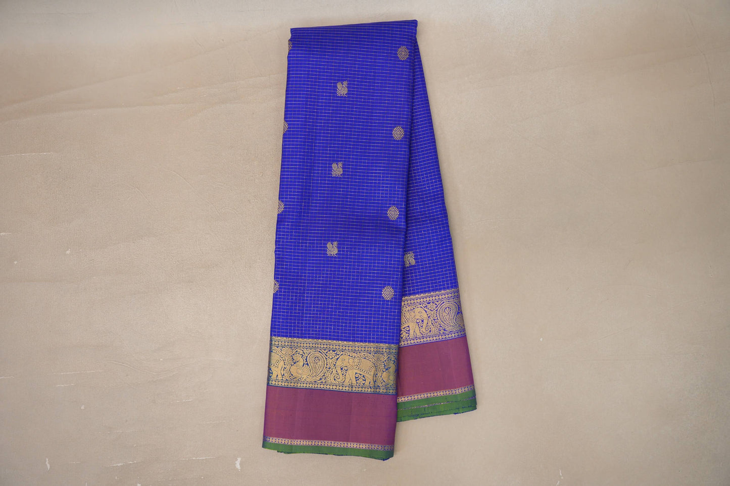 Online Royal Blue Zari Checked with Orange And Blue with Green Selvedge Borders Vintage Kanjivaram Silk Saree