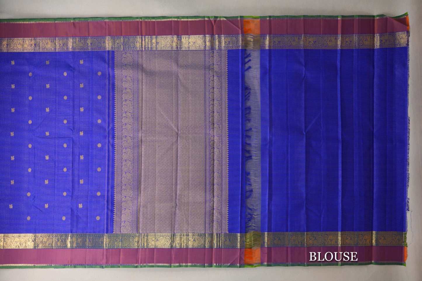 Royal Blue Zari Checked with Orange And Blue with Green Selvedge Borders Vintage Kanjivaram Silk Saree blouse