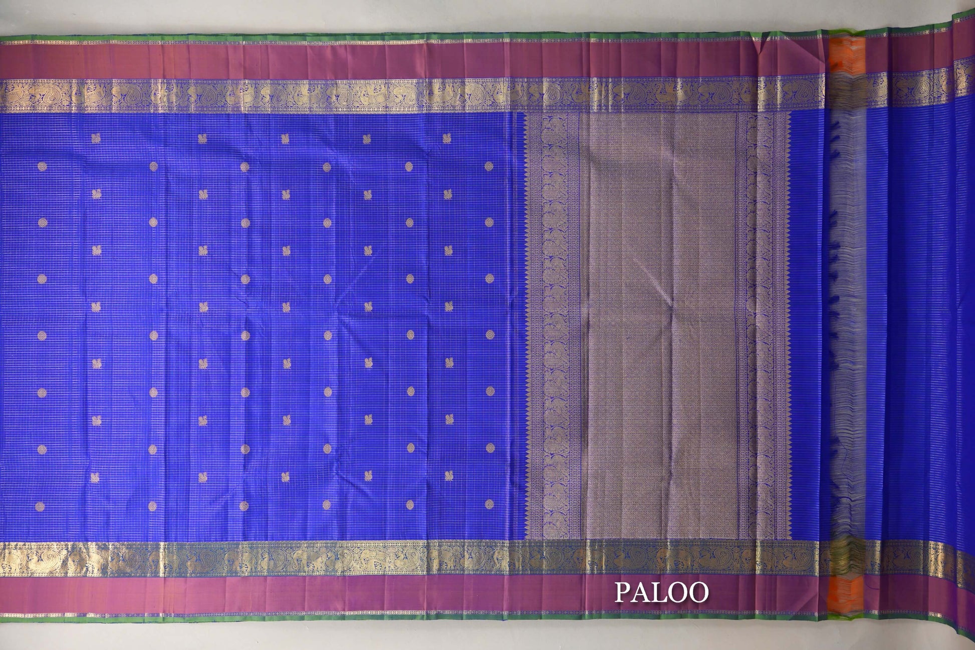 Royal Blue Zari Checked with Orange And Blue with Green Selvedge Borders Vintage Kanjivaram Silk Saree paloo