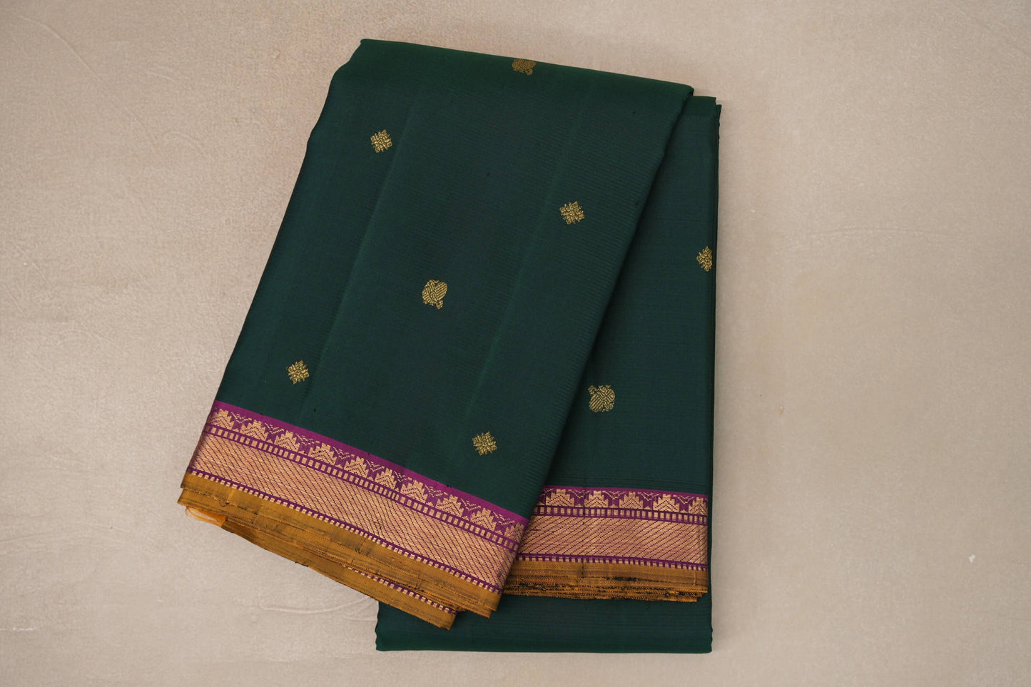 Dark Bottle Green with Magenta with Mustard Selvedge Borders Vintage Kanjivaram Silk Saree