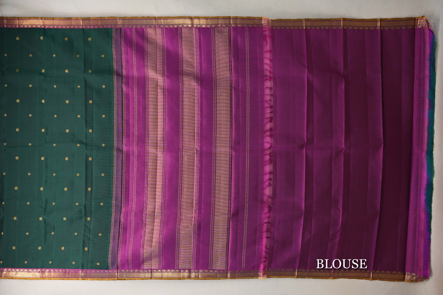 Dark Bottle Green with Magenta with Mustard Selvedge Borders Vintage Kanjivaram Silk Saree blouse
