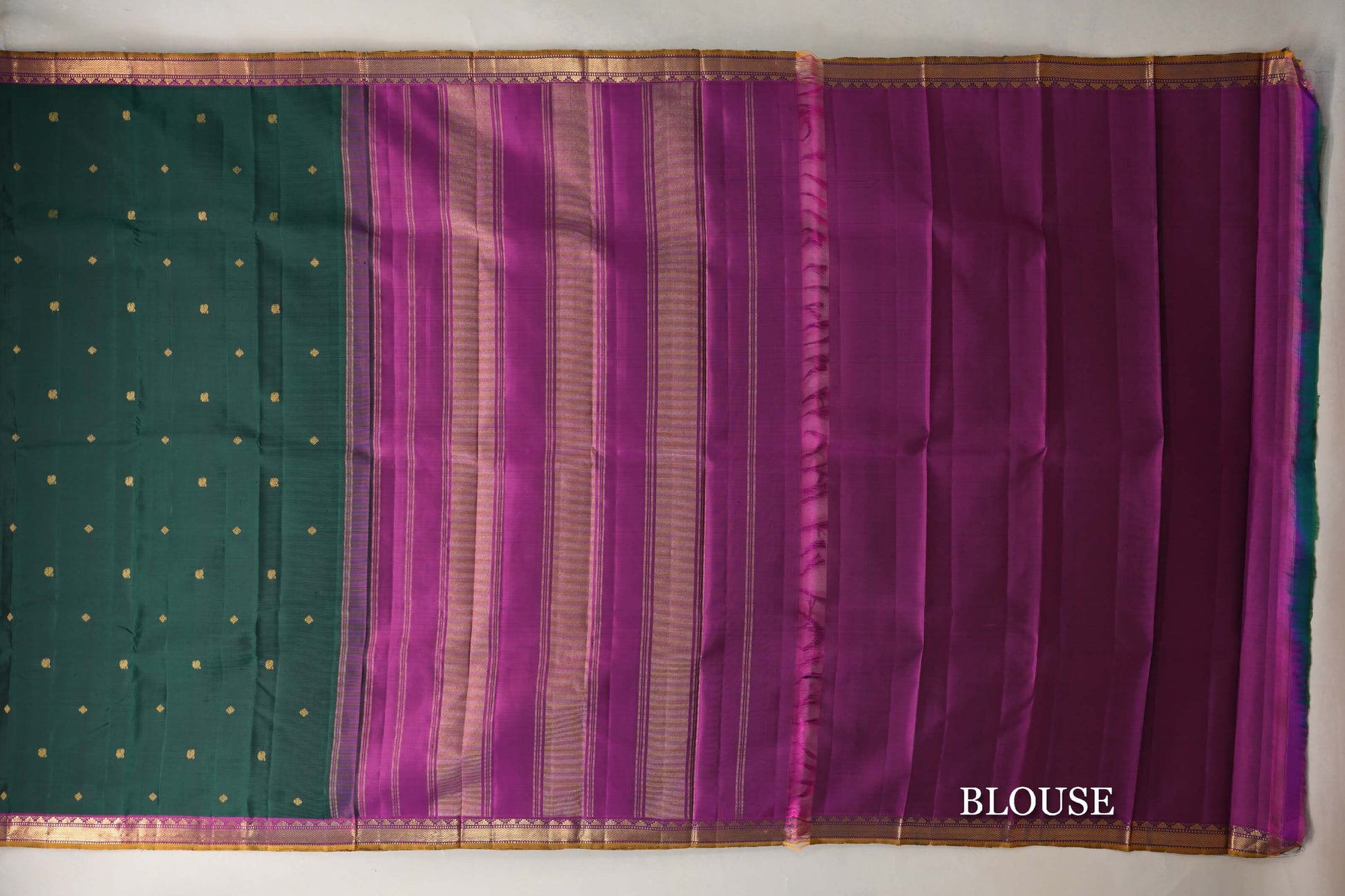 Dark Bottle Green with Magenta with Mustard Selvedge Borders Vintage Kanjivaram Silk Saree blouse