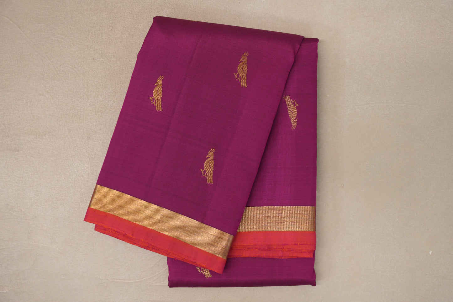 Deep Magenta with Orange with Pink Selvedge Borders Vintage Kanjivaram Silk Saree