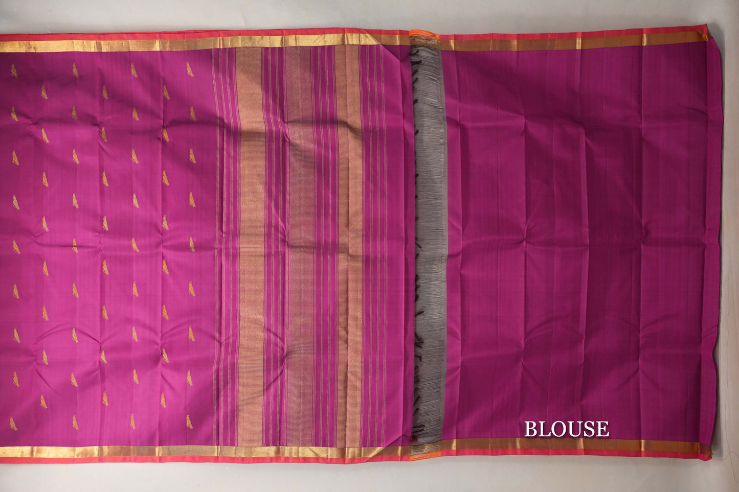 Deep Magenta with Orange with Pink Selvedge Borders Vintage Kanjivaram Silk Saree blouse