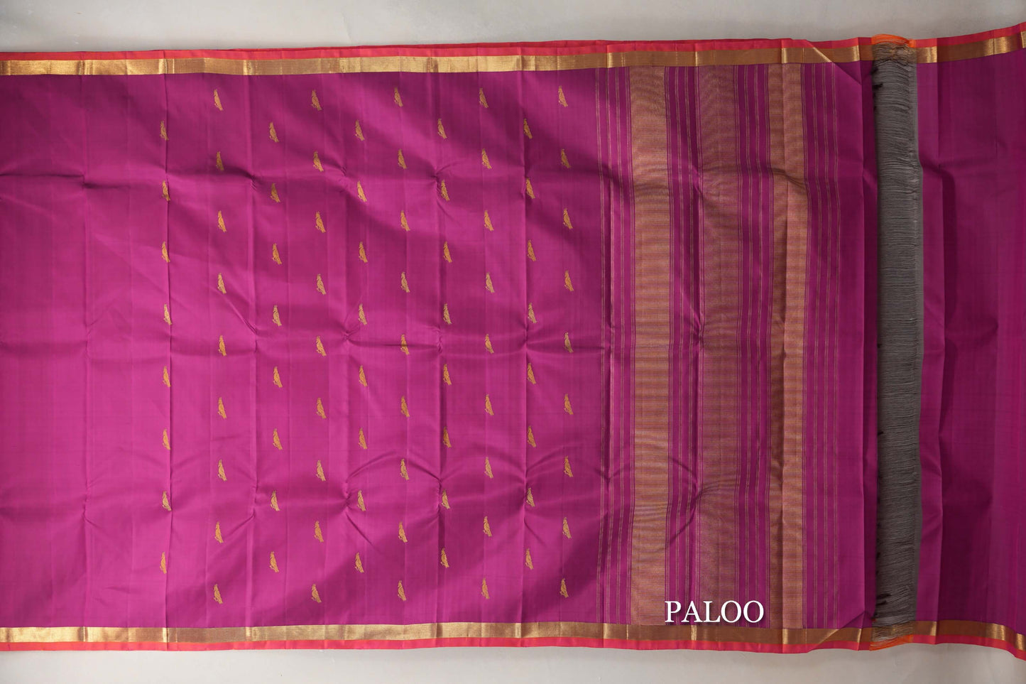 Deep Magenta with Orange with Pink Selvedge Borders Vintage Kanjivaram Silk Saree paloo