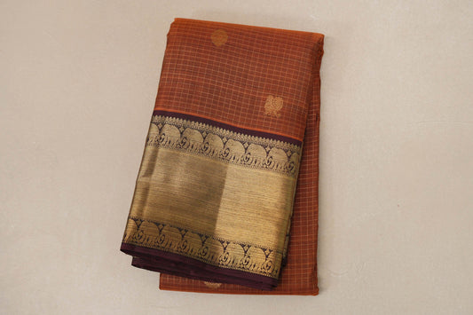 folded Copper Brown with Deep Wine Borders Vintage Kanjivaram Silk Saree