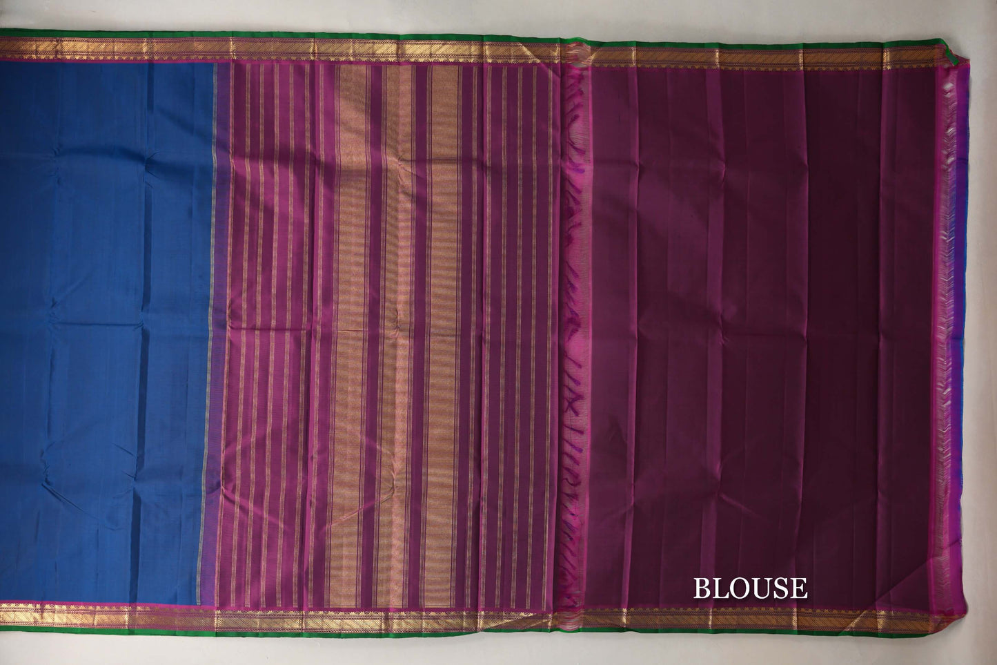 Emerald Blue with Deep Magenta with Green Selvedge Borders Vintage Kanjivaram Silk Saree blouse