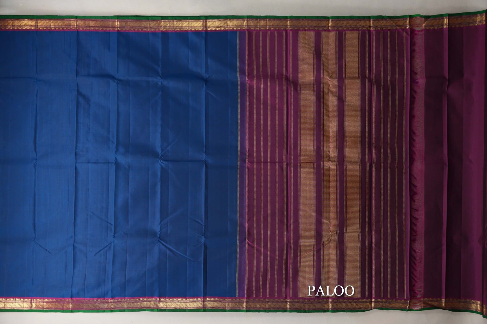 Emerald Blue with Deep Magenta with Green Selvedge Borders Vintage Kanjivaram Silk Saree paloo