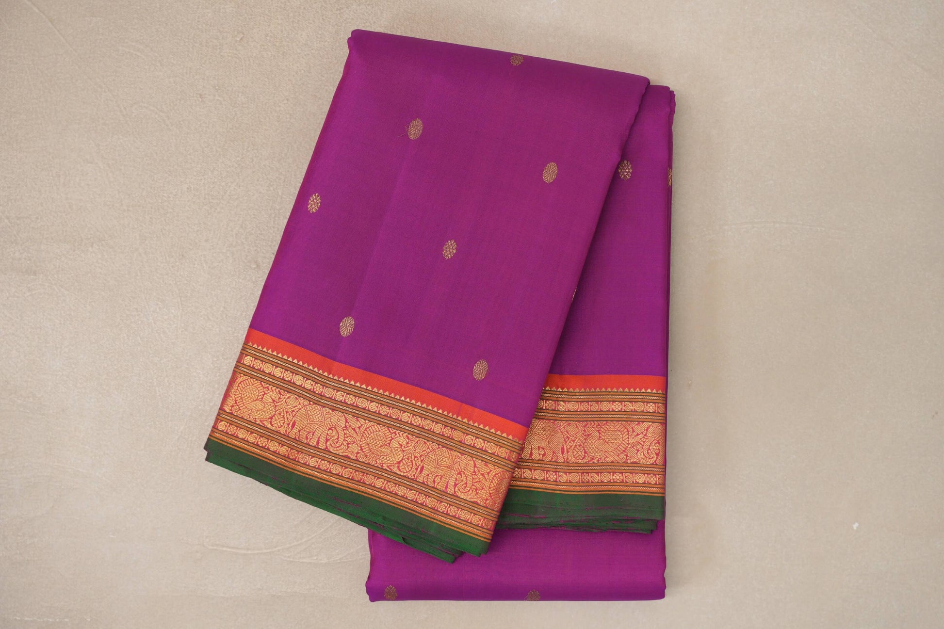 Magenta with Orange with Green Selvedge Borders Vintage Kanjivaram Silk Saree