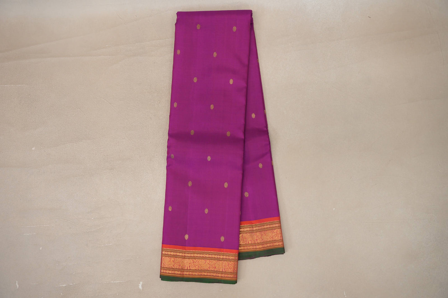 Online Magenta with Orange with Green Selvedge Borders Vintage Kanjivaram Silk Saree