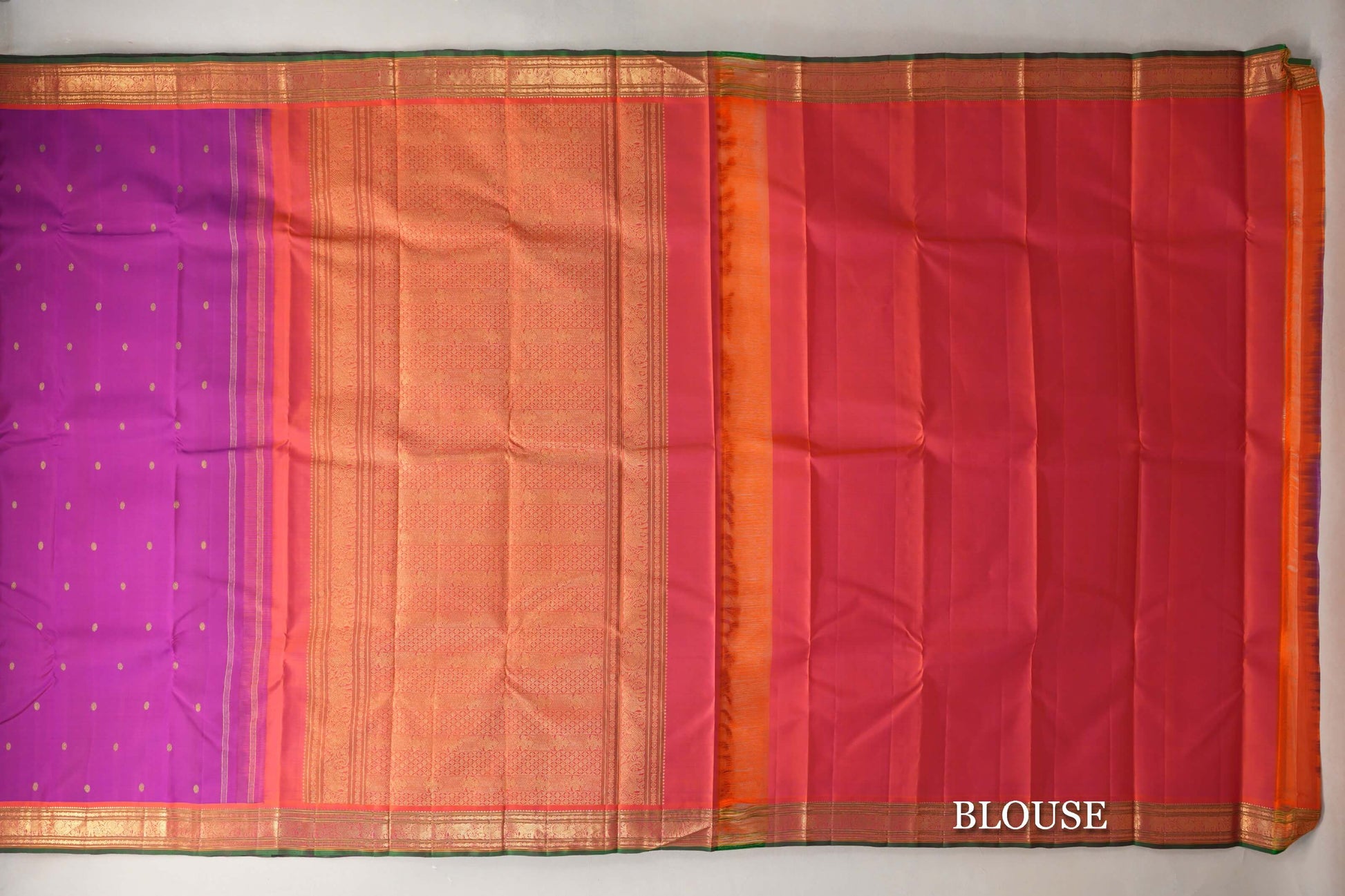 Magenta with Orange with Green Selvedge Borders Vintage Kanjivaram Silk Saree blouse