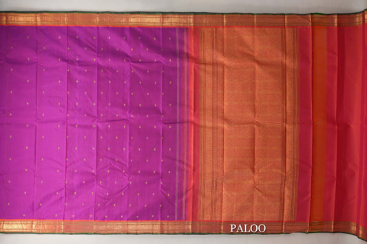 Magenta with Orange with Green Selvedge Borders Vintage Kanjivaram Silk Saree paloo