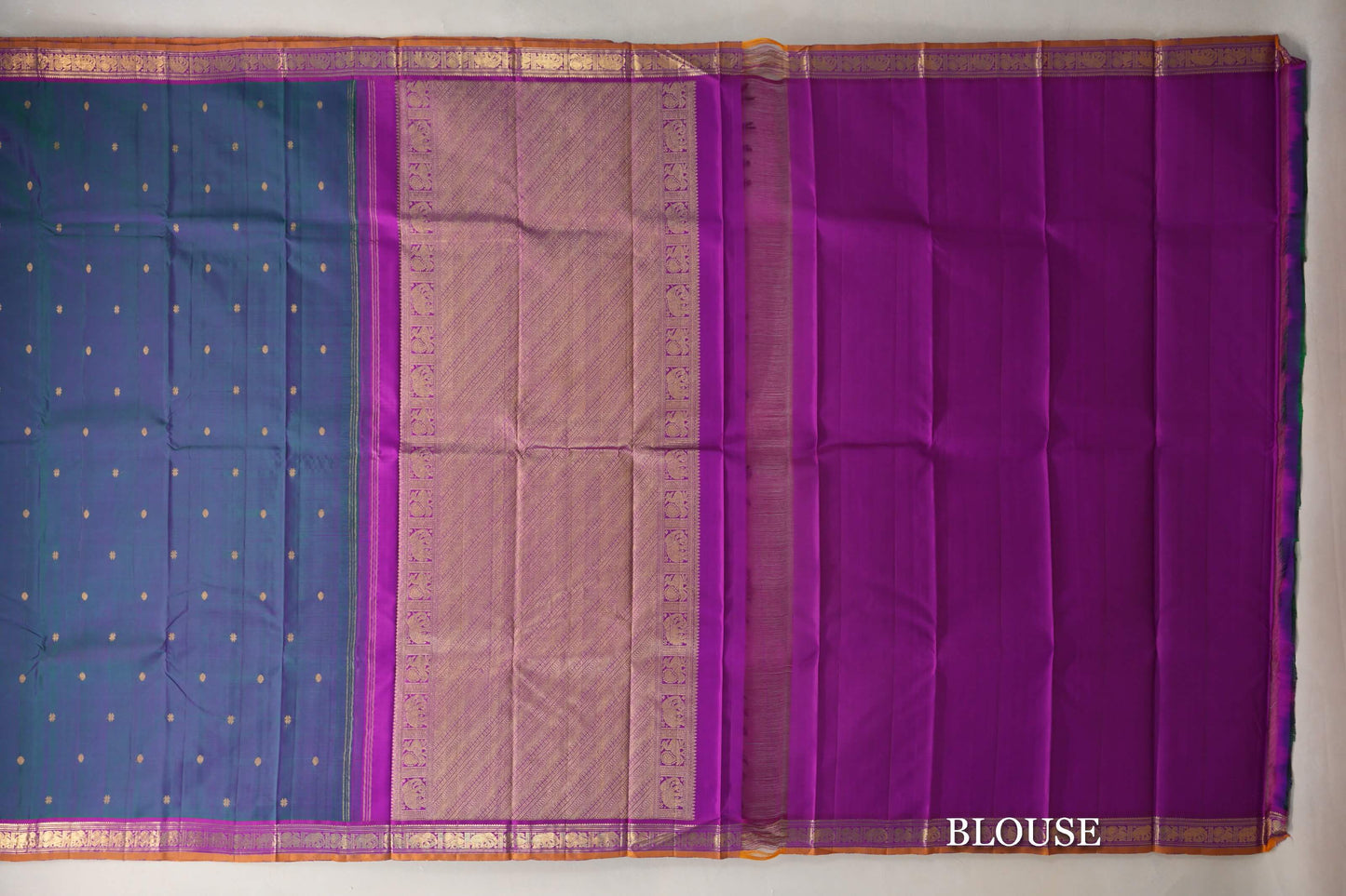 Green and Pink Dual Tone with Magenta with Mustard Selvedge Borders Vintage Kanjivaram Silk Saree blouse