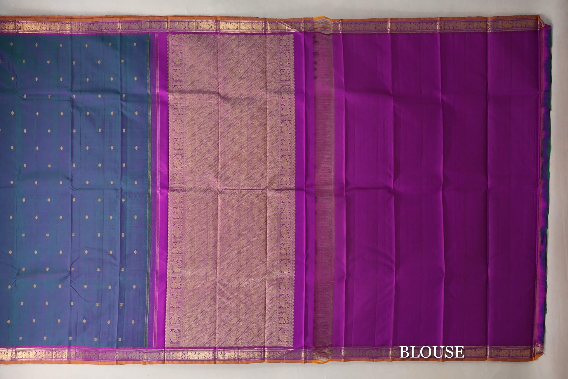 Green and Pink Dual Tone with Magenta with Mustard Selvedge Borders Vintage Kanjivaram Silk Saree blouse