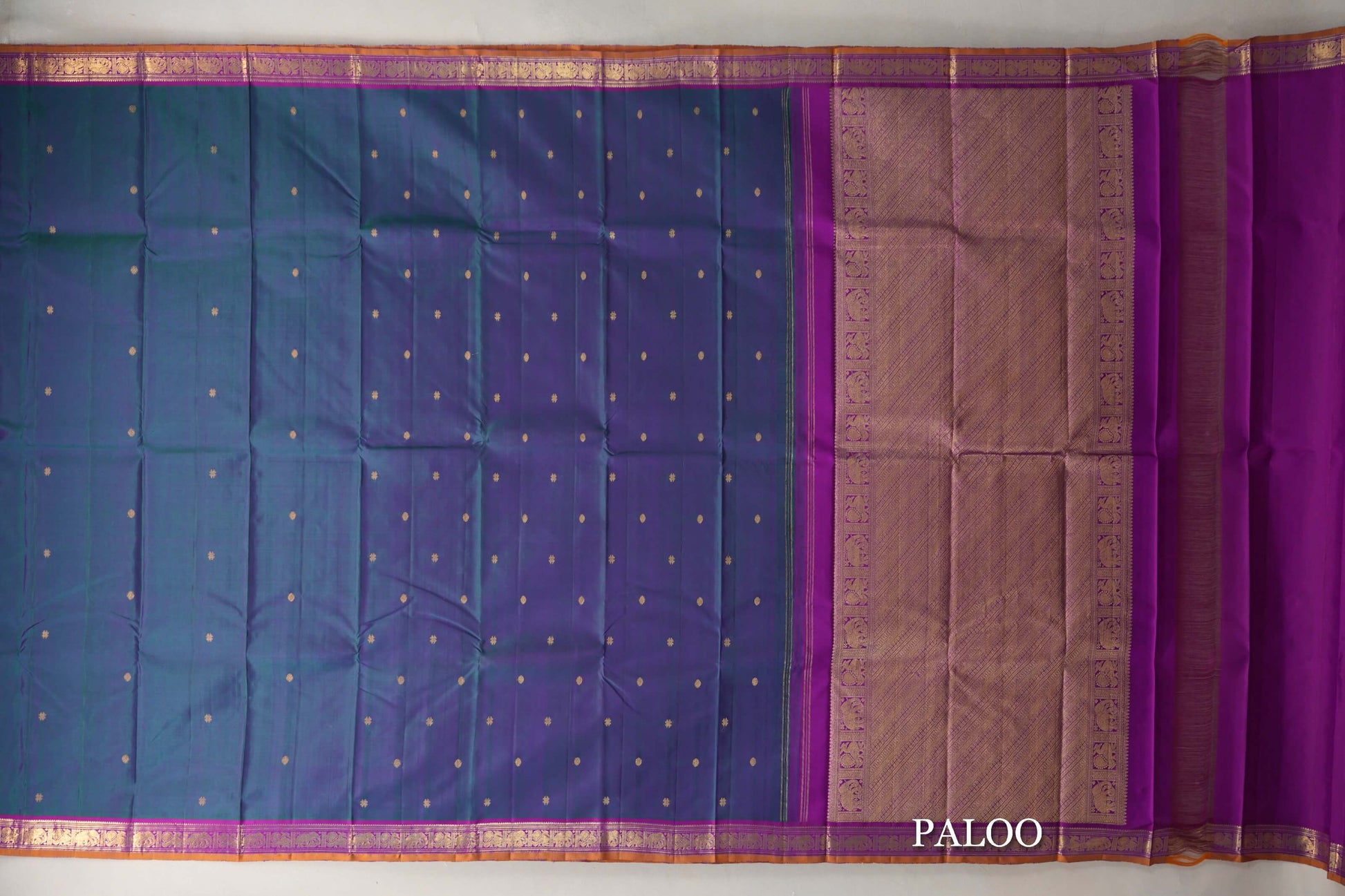 Green and Pink Dual Tone with Magenta with Mustard Selvedge Borders Vintage Kanjivaram Silk Saree paloo