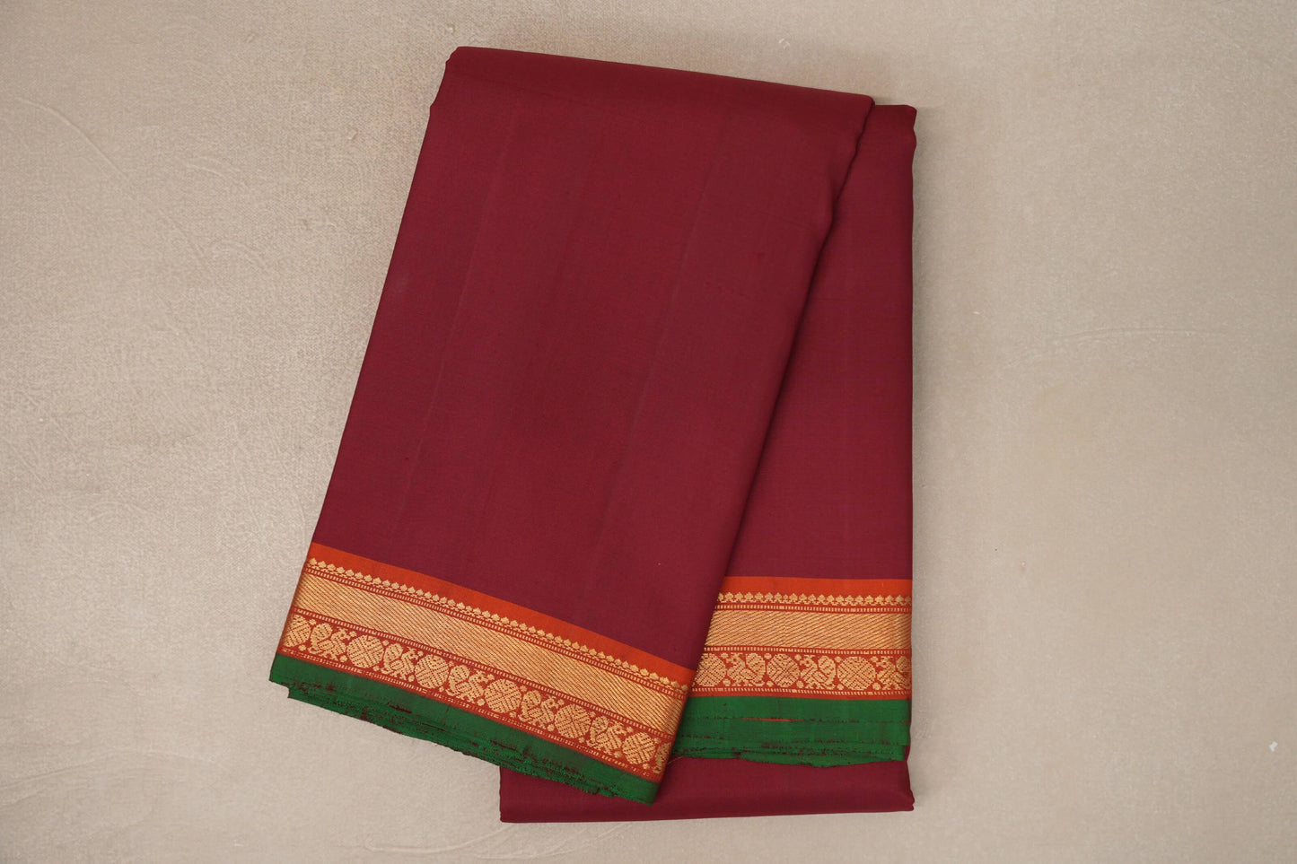 Maroon with Orange with Green Selvedge Borders Vintage Kanjivaram Silk Saree