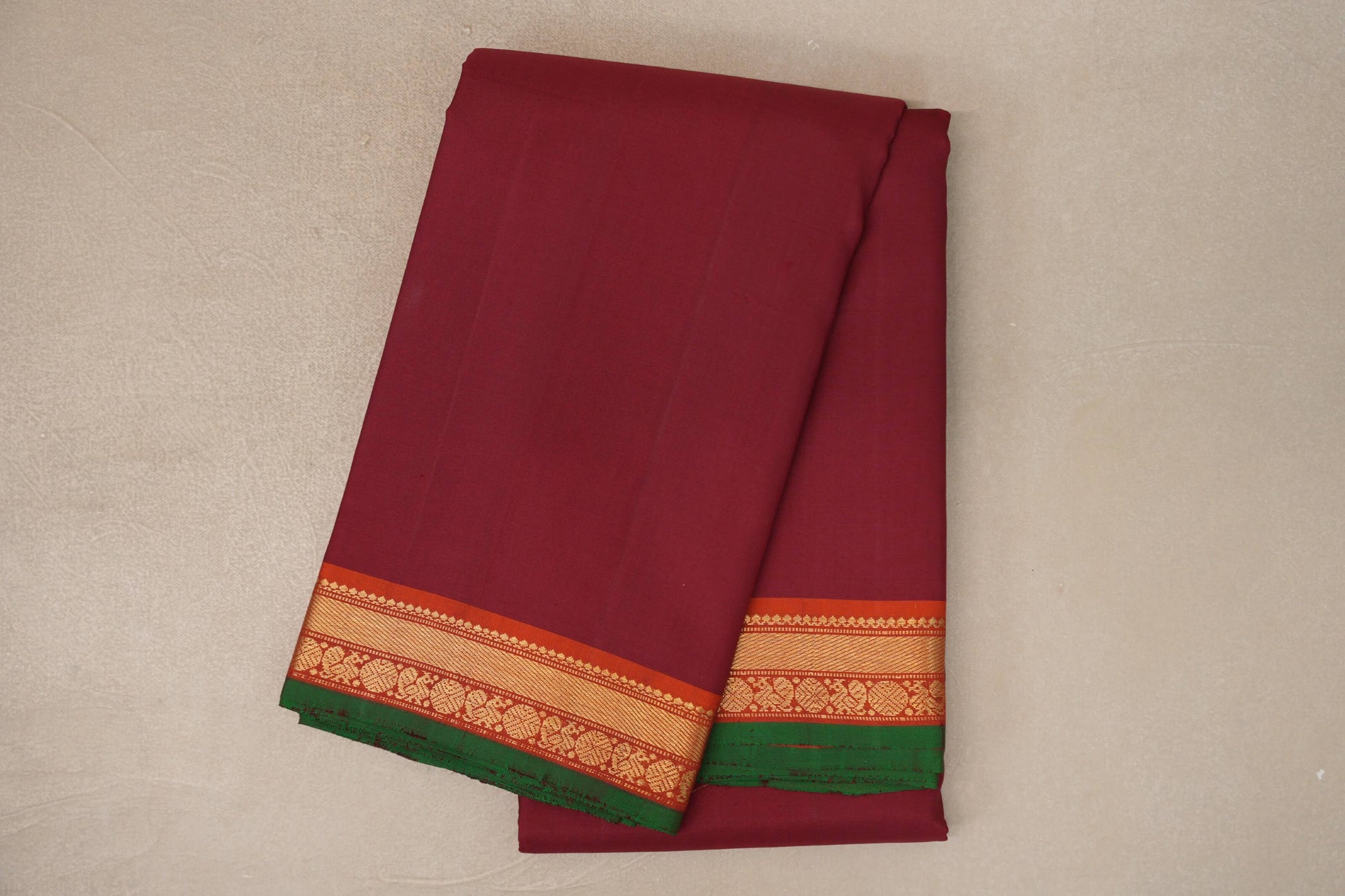 Maroon with Orange with Green Selvedge Borders Vintage Kanjivaram Silk Saree