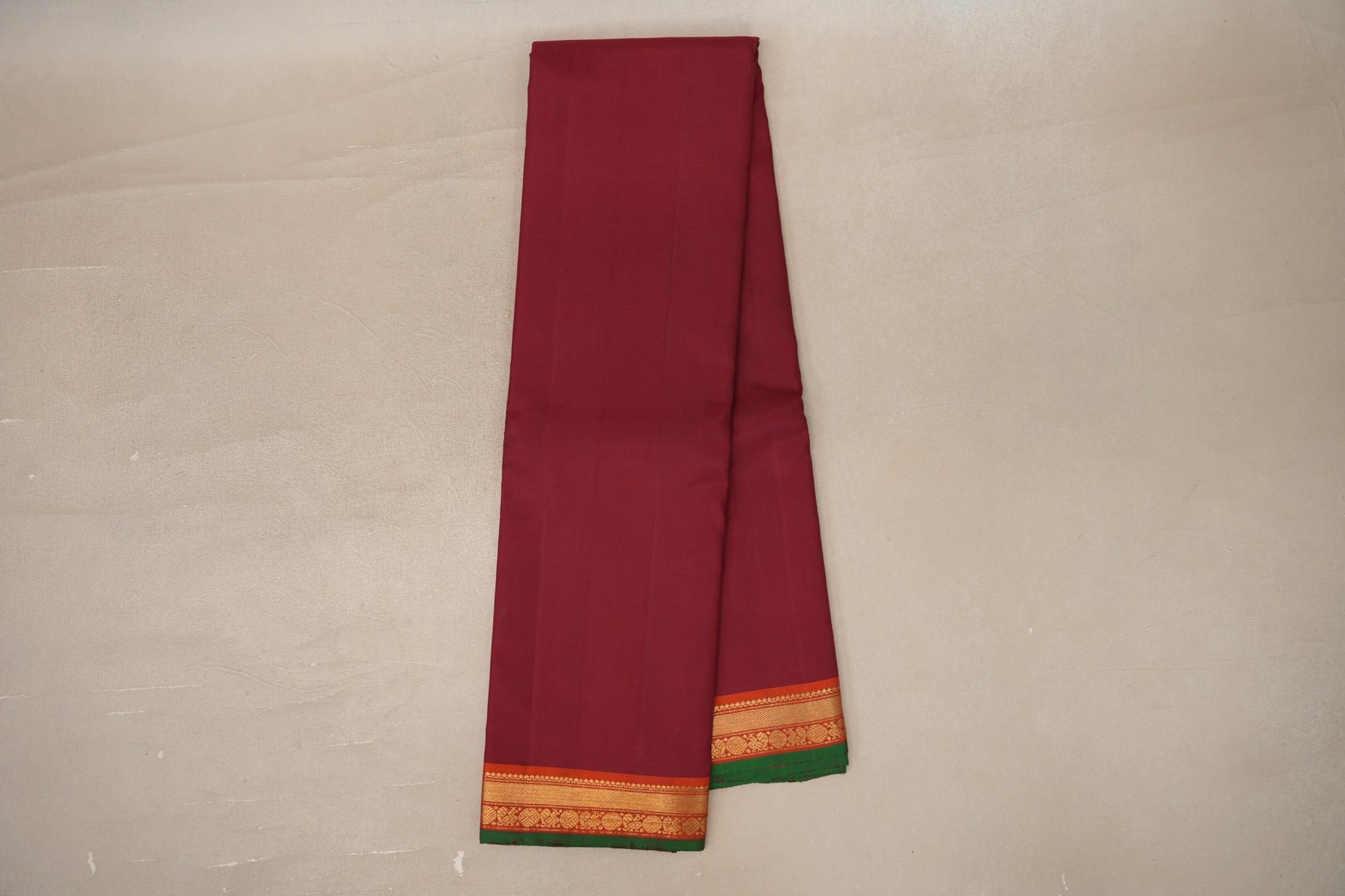 Online Maroon with Orange with Green Selvedge Borders Vintage Kanjivaram Silk Saree