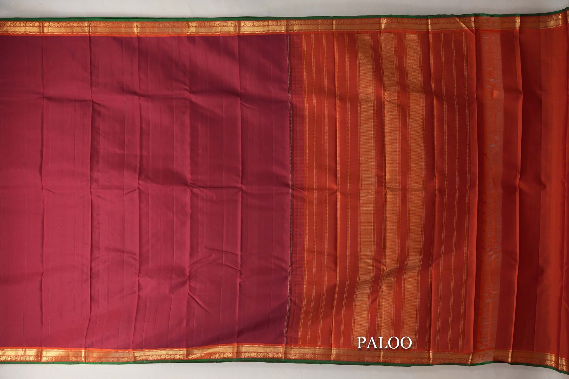 Maroon with Orange with Green Selvedge Borders Vintage Kanjivaram Silk Saree paloo