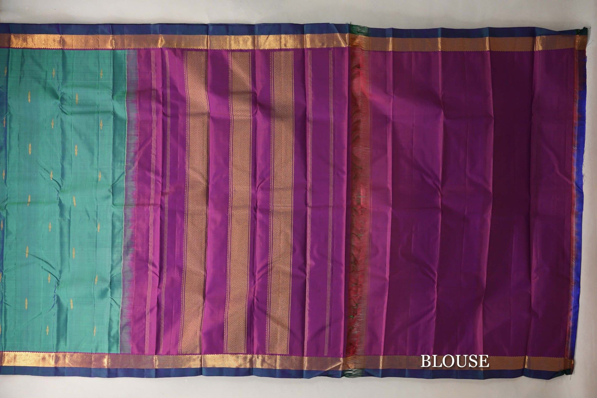 Light Green with Deep Magenta and Peacock Green Borders Vintage Kanjivaram Silk Saree blouse