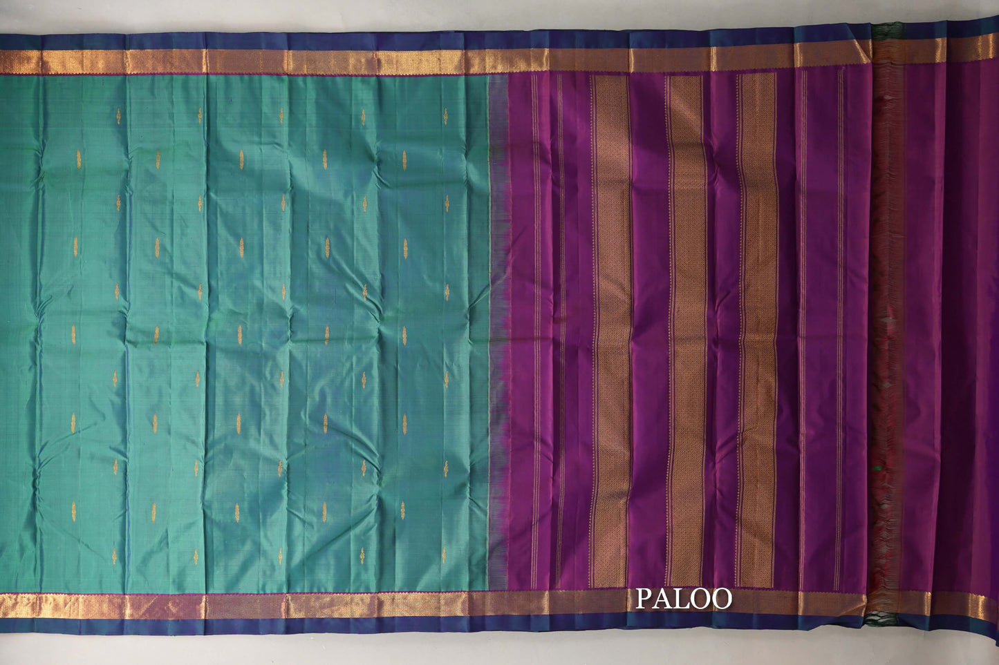 Light Green with Deep Magenta and Peacock Green Borders Vintage Kanjivaram Silk Saree paloo