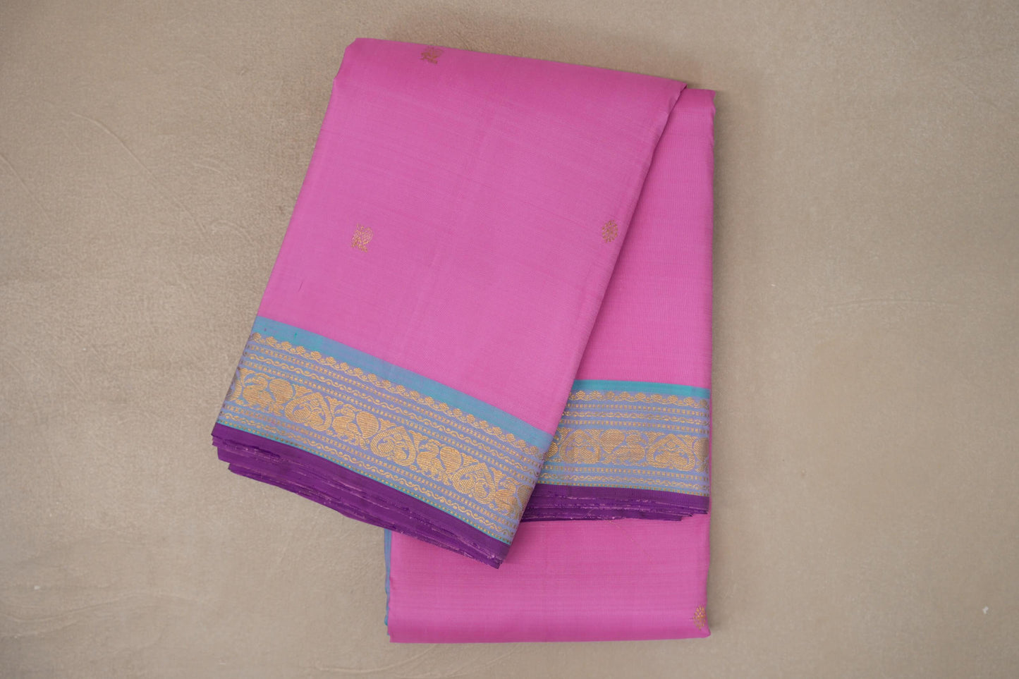 Lotus Pink with Light Turquoise Blue Borders Vintage Kanjivaram Silk Saree