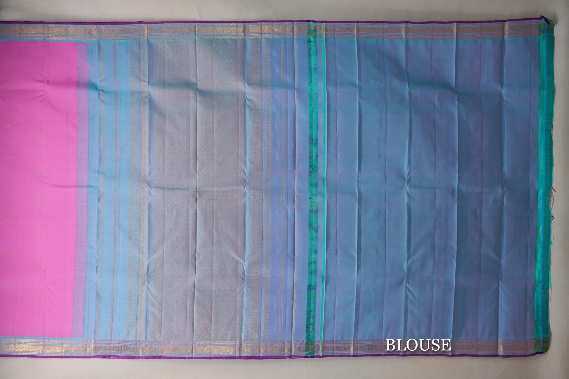 Lotus Pink with Light Turquoise Blue Borders Vintage Kanjivaram Silk Saree blouse