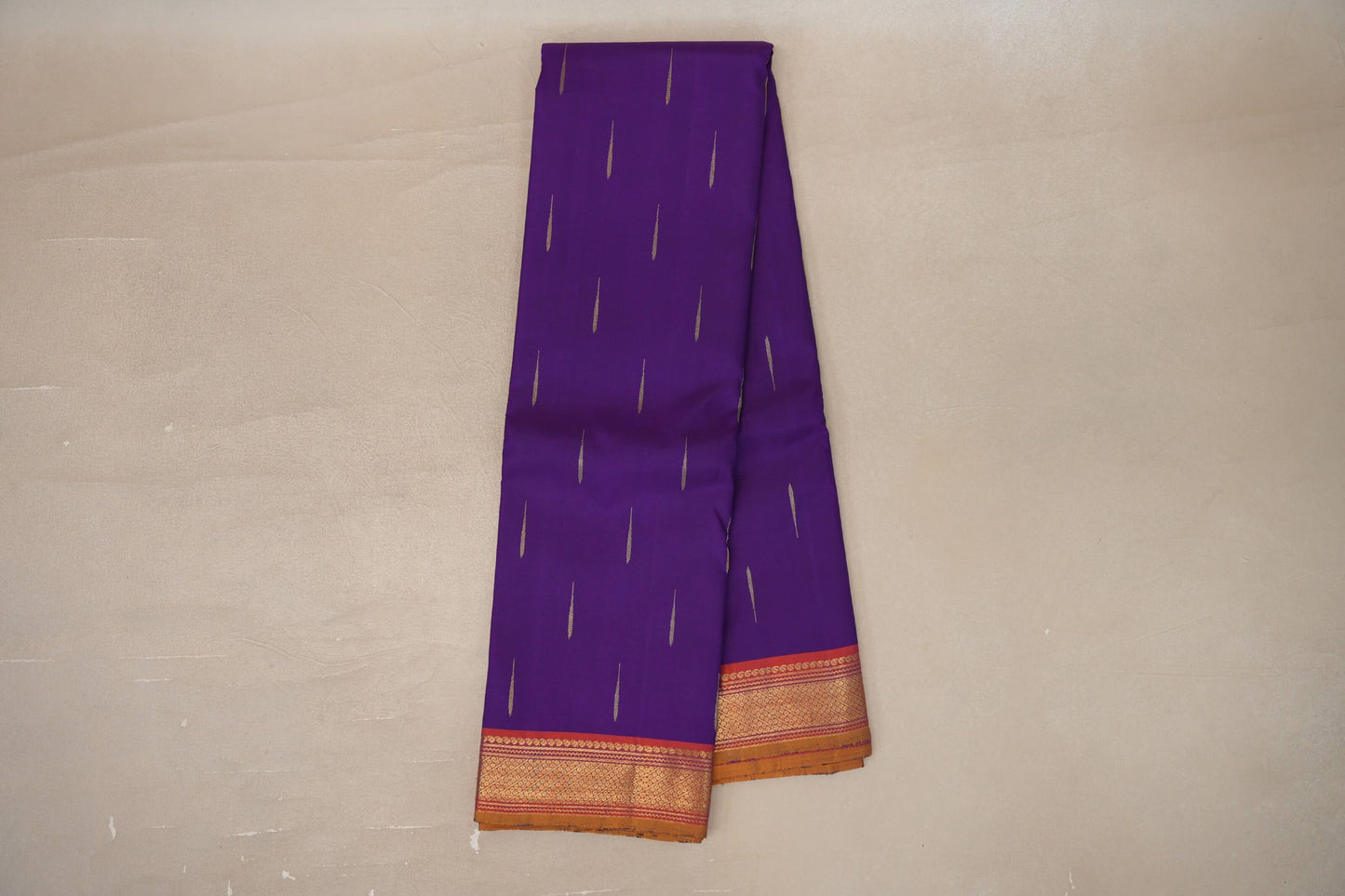 Online Deep Purple with Orange with Mustard Selvedge Borders Vintage Kanjivaram Silk Saree